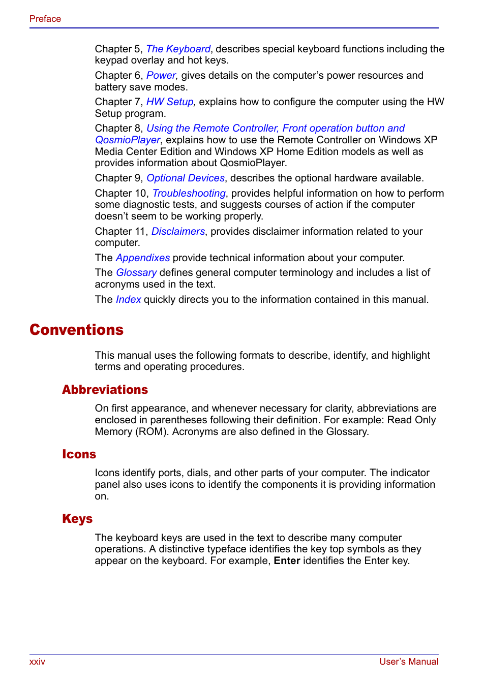 Conventions, Abbreviations, Icons | Keys | Toshiba Qosmio F20 (PQF22) User Manual | Page 24 / 282
