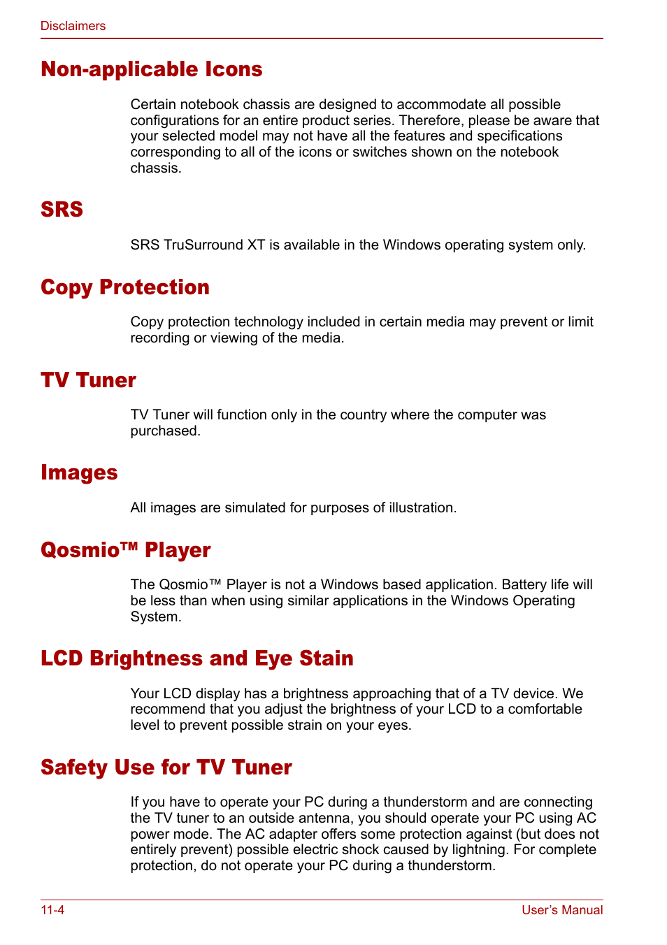 Non-applicable icons, Copy protection, Tv tuner | Images, Qosmio™ player, Lcd brightness and eye stain, Safety use for tv tuner | Toshiba Qosmio F20 (PQF22) User Manual | Page 240 / 282