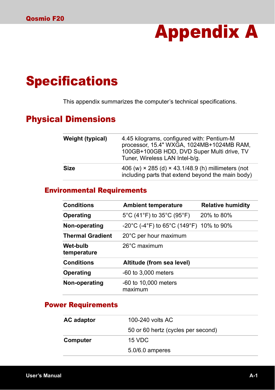 Appendix a - specifications, Physical dimensions, Appendix a | Specifications, Pendixes | Toshiba Qosmio F20 (PQF22) User Manual | Page 241 / 282