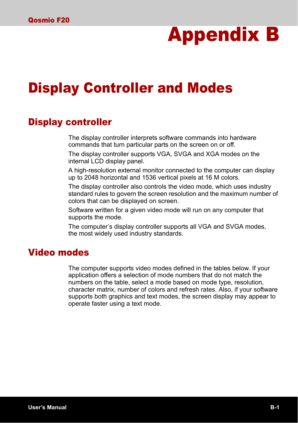 Appendix b - display controller and modes, Display controller, Video modes | Appendix b, Display controller and modes, Display controller and, Modes | Toshiba Qosmio F20 (PQF22) User Manual | Page 243 / 282