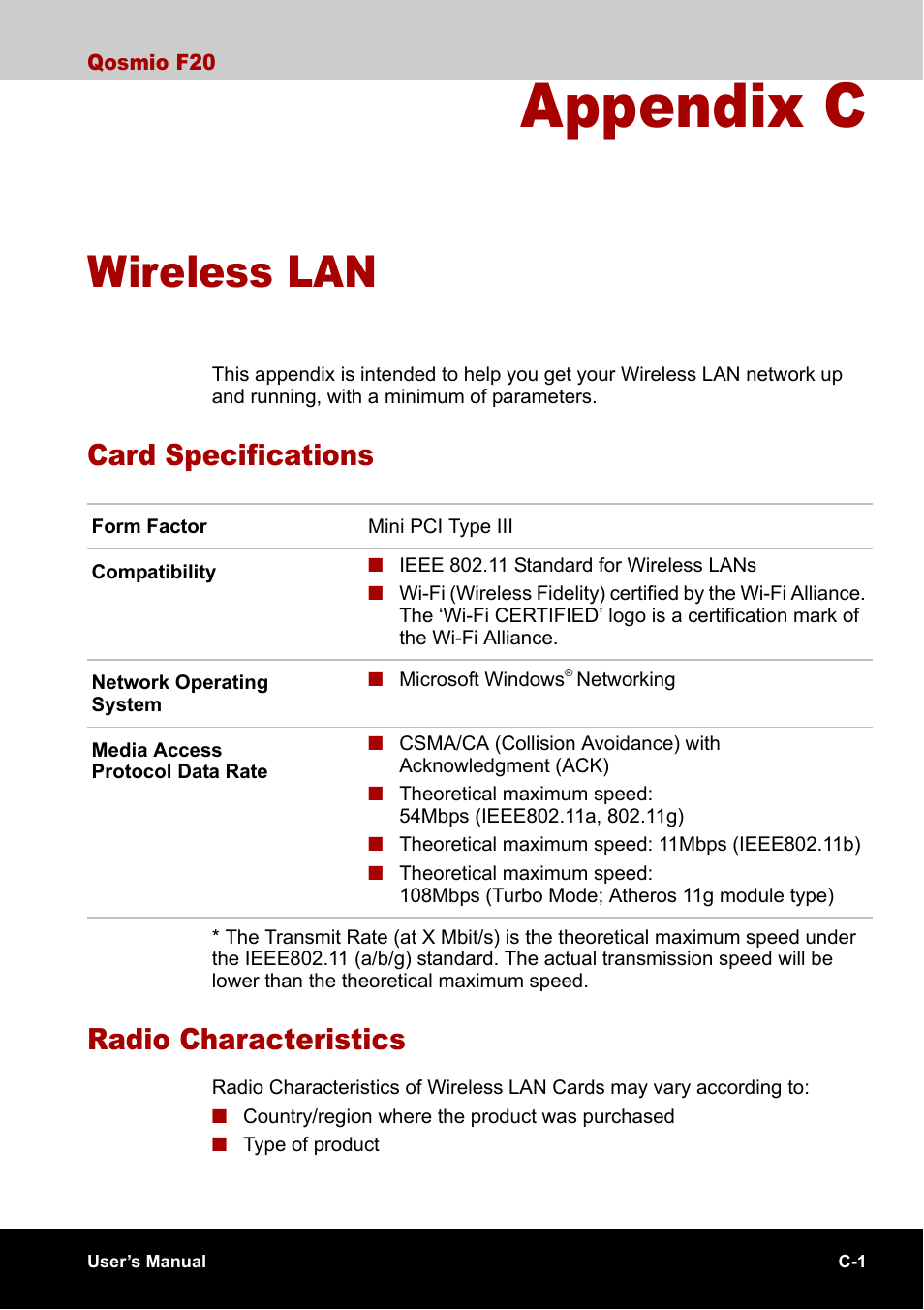 Appendix c - wireless lan, Card specifications, Radio characteristics | Appendix c, Wireless lan | Toshiba Qosmio F20 (PQF22) User Manual | Page 253 / 282