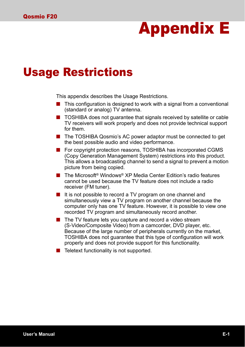 Appendix e - usage restrictions, Appendix e, Usage restrictions | Toshiba Qosmio F20 (PQF22) User Manual | Page 259 / 282