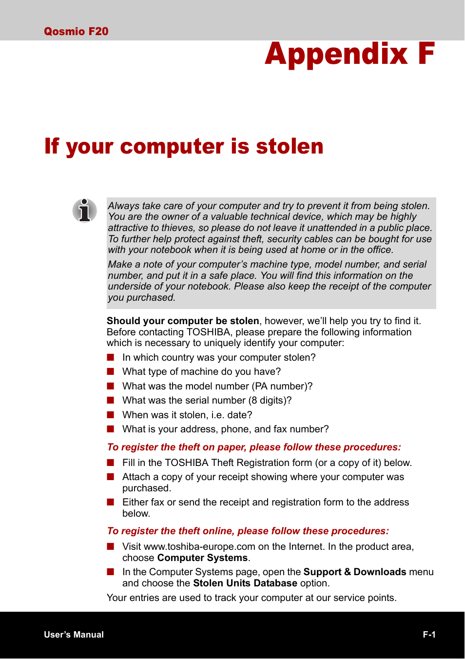 Appendix f - if your computer is stolen, Appendix f, If your computer is stolen | Toshiba Qosmio F20 (PQF22) User Manual | Page 261 / 282