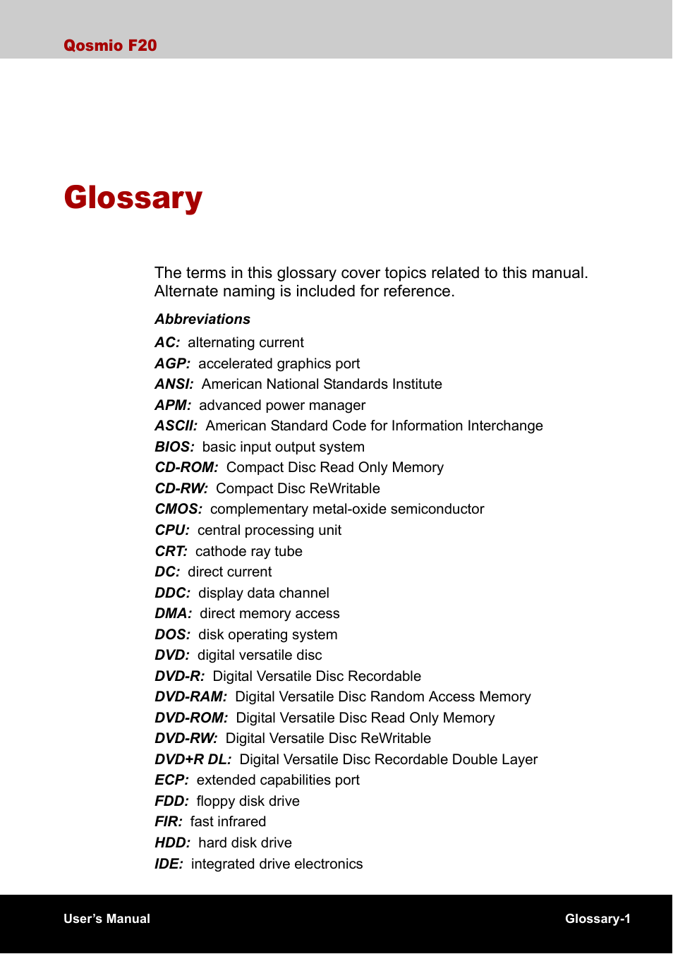 Glossary | Toshiba Qosmio F20 (PQF22) User Manual | Page 263 / 282