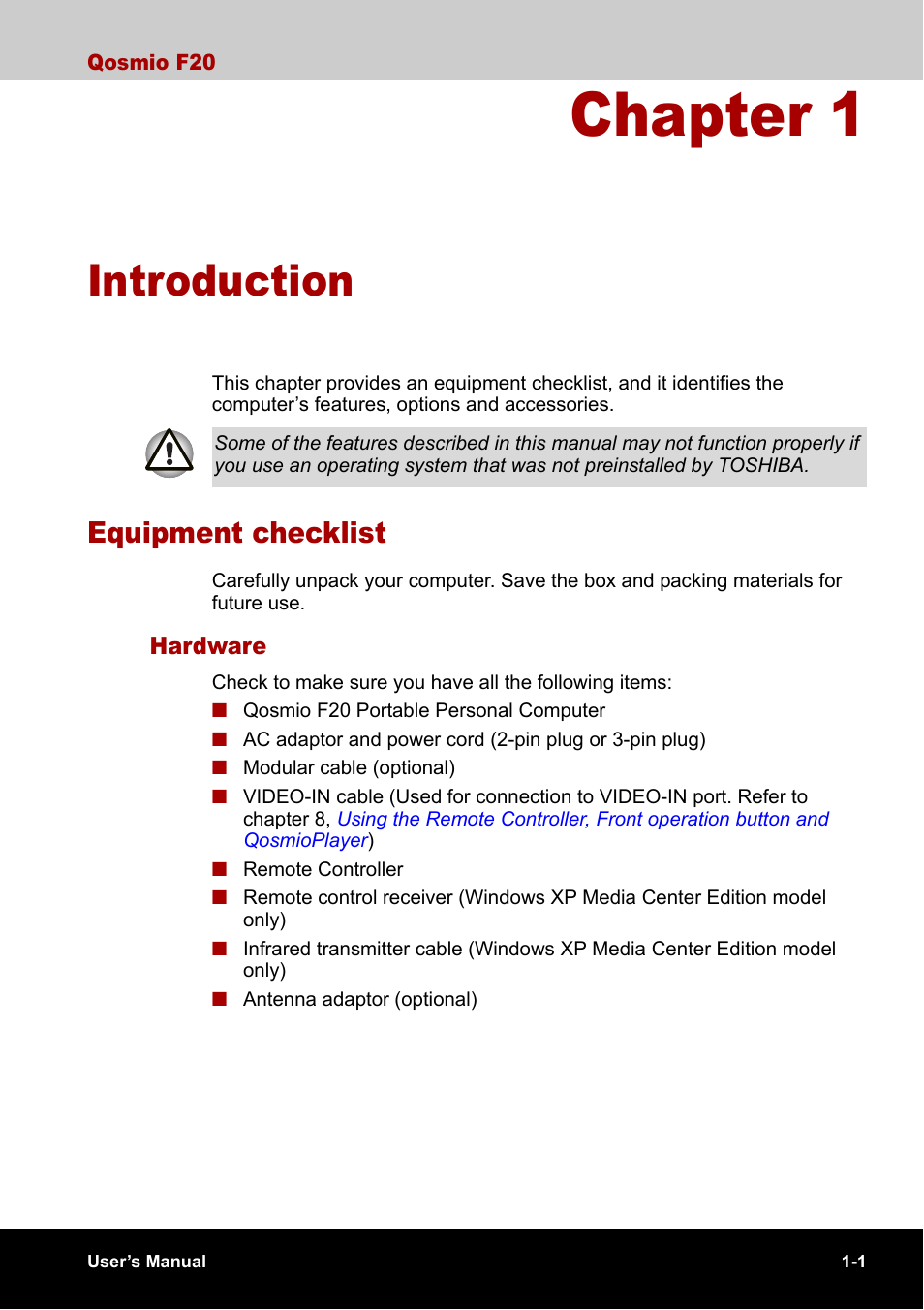 Chapter 1 - introduction, Equipment checklist, Chapter 1 | Introduction, Equipment checklist -1, Is an overvie | Toshiba Qosmio F20 (PQF22) User Manual | Page 27 / 282