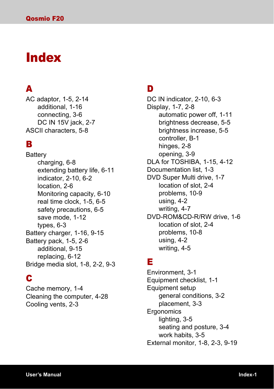 Index | Toshiba Qosmio F20 (PQF22) User Manual | Page 277 / 282