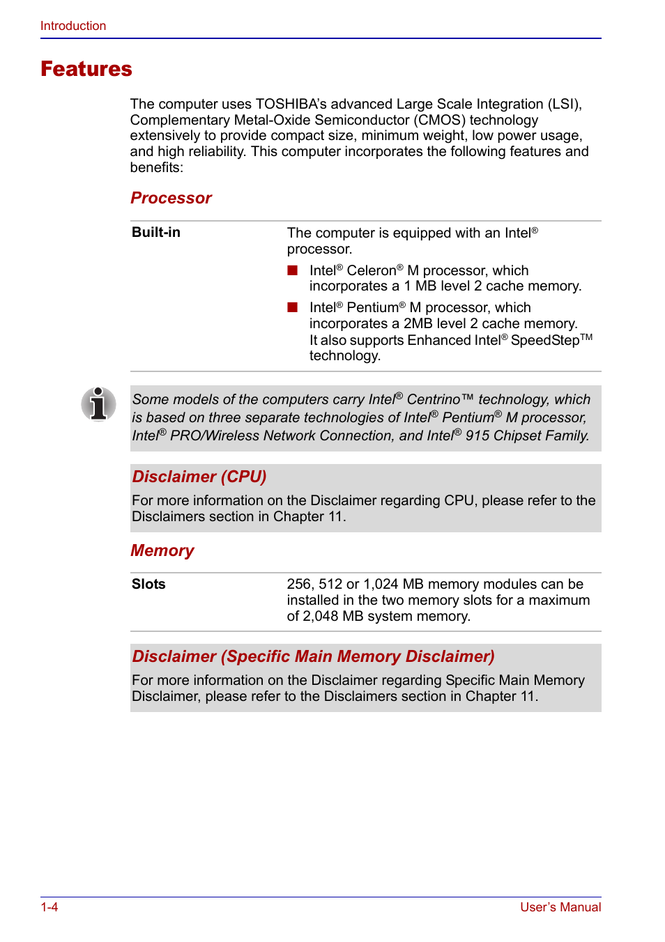 Features, Features -4, Disclaimer (cpu) | Toshiba Qosmio F20 (PQF22) User Manual | Page 30 / 282