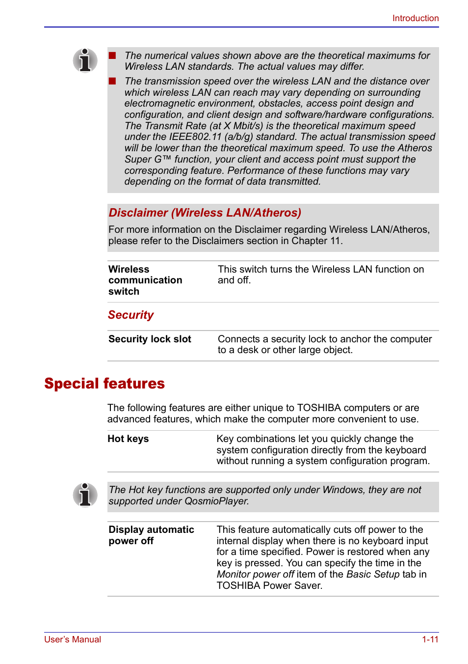 Special features, Special features -11 | Toshiba Qosmio F20 (PQF22) User Manual | Page 37 / 282