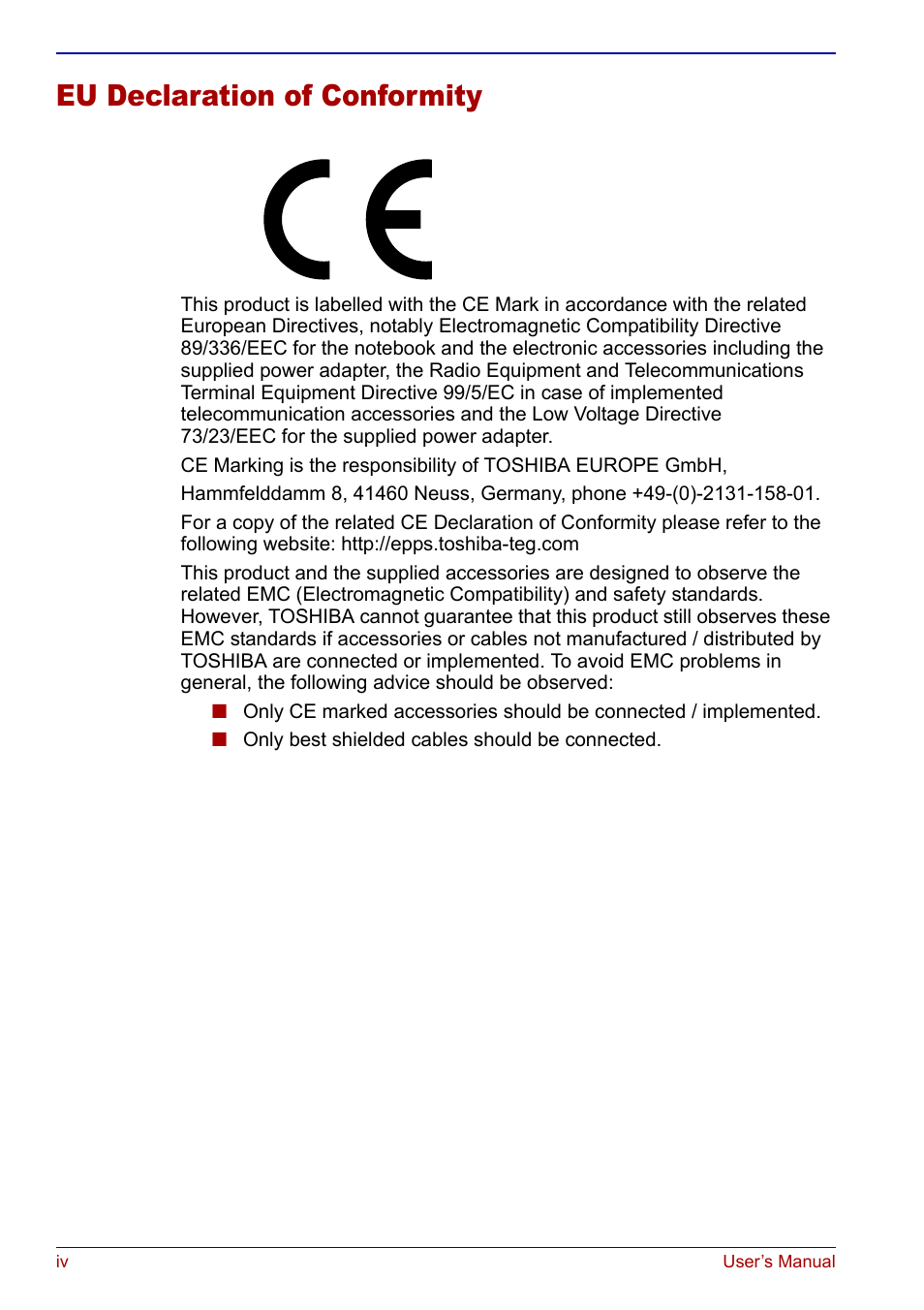Eu declaration of conformity | Toshiba Qosmio F20 (PQF22) User Manual | Page 4 / 282