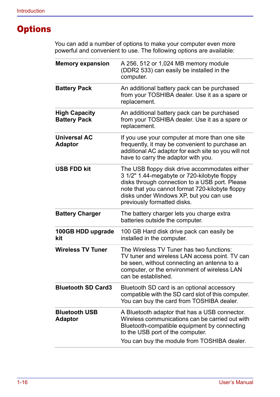 Options, Options -16 | Toshiba Qosmio F20 (PQF22) User Manual | Page 42 / 282