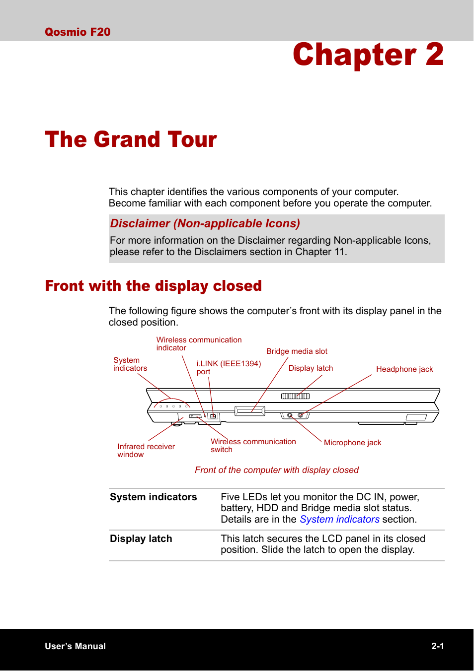 Chapter 2 - the grand tour, Front with the display closed, Chapter 2 | The grand tour, Front with the display closed -1, Apter 2 | Toshiba Qosmio F20 (PQF22) User Manual | Page 43 / 282