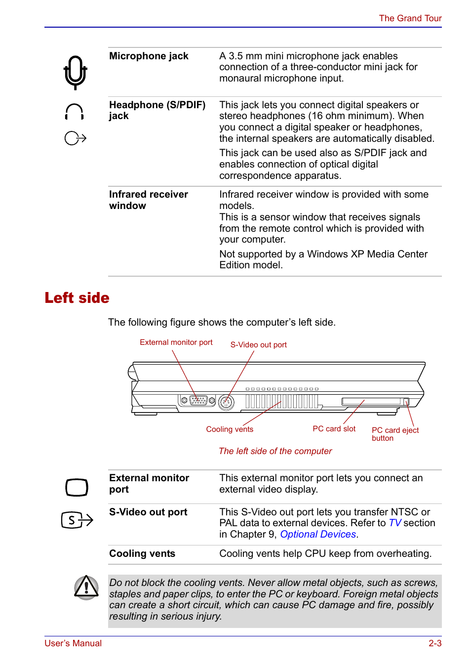 Left side, Left side -3 | Toshiba Qosmio F20 (PQF22) User Manual | Page 45 / 282