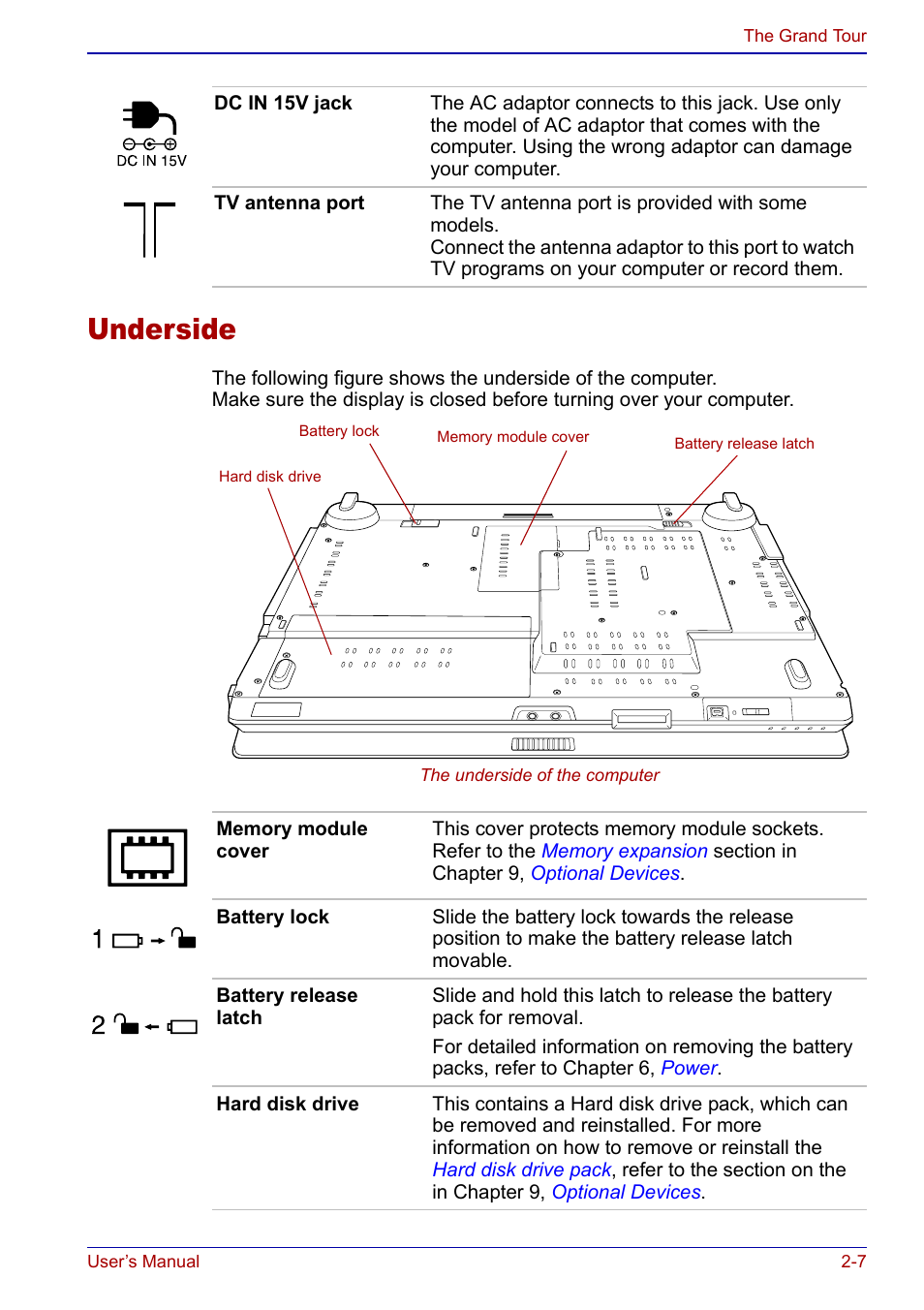 Underside, Underside -7 | Toshiba Qosmio F20 (PQF22) User Manual | Page 49 / 282