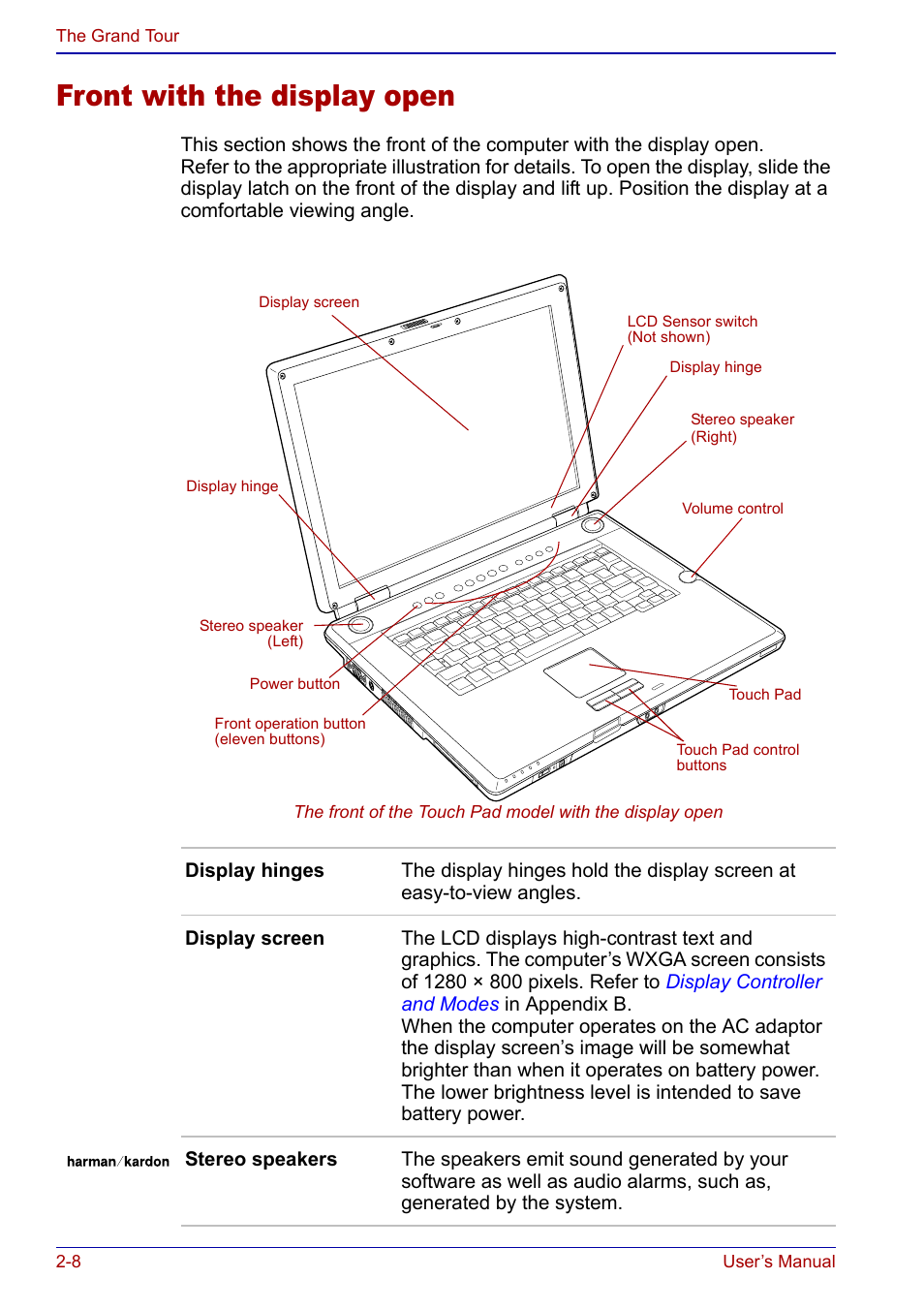 Front with the display open, Front with the display open -8 | Toshiba Qosmio F20 (PQF22) User Manual | Page 50 / 282
