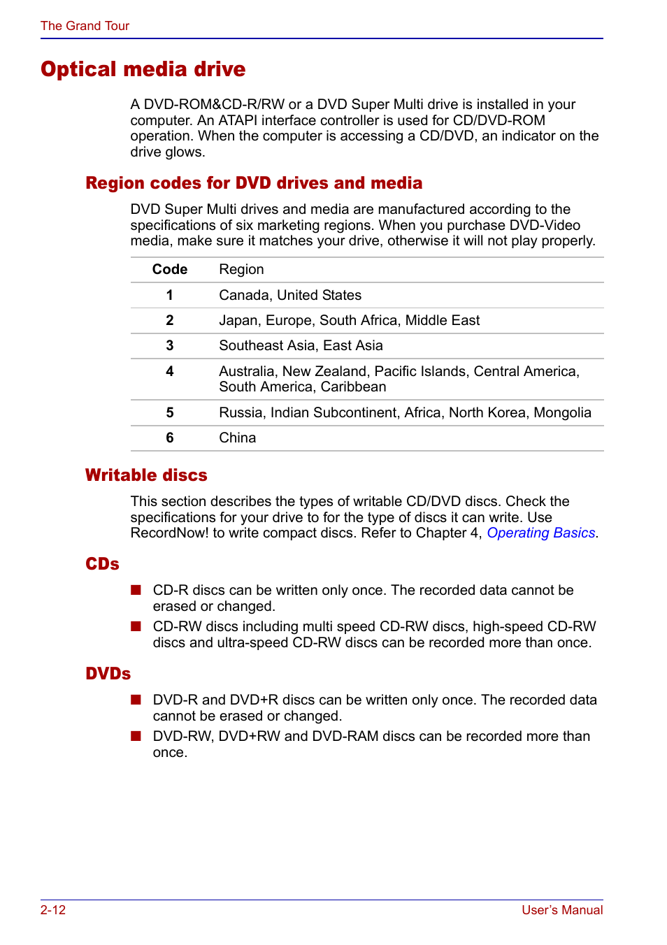Optical media drive, Optical media drive -12, Region codes for dvd drives and media | Writable discs, Dvds | Toshiba Qosmio F20 (PQF22) User Manual | Page 54 / 282
