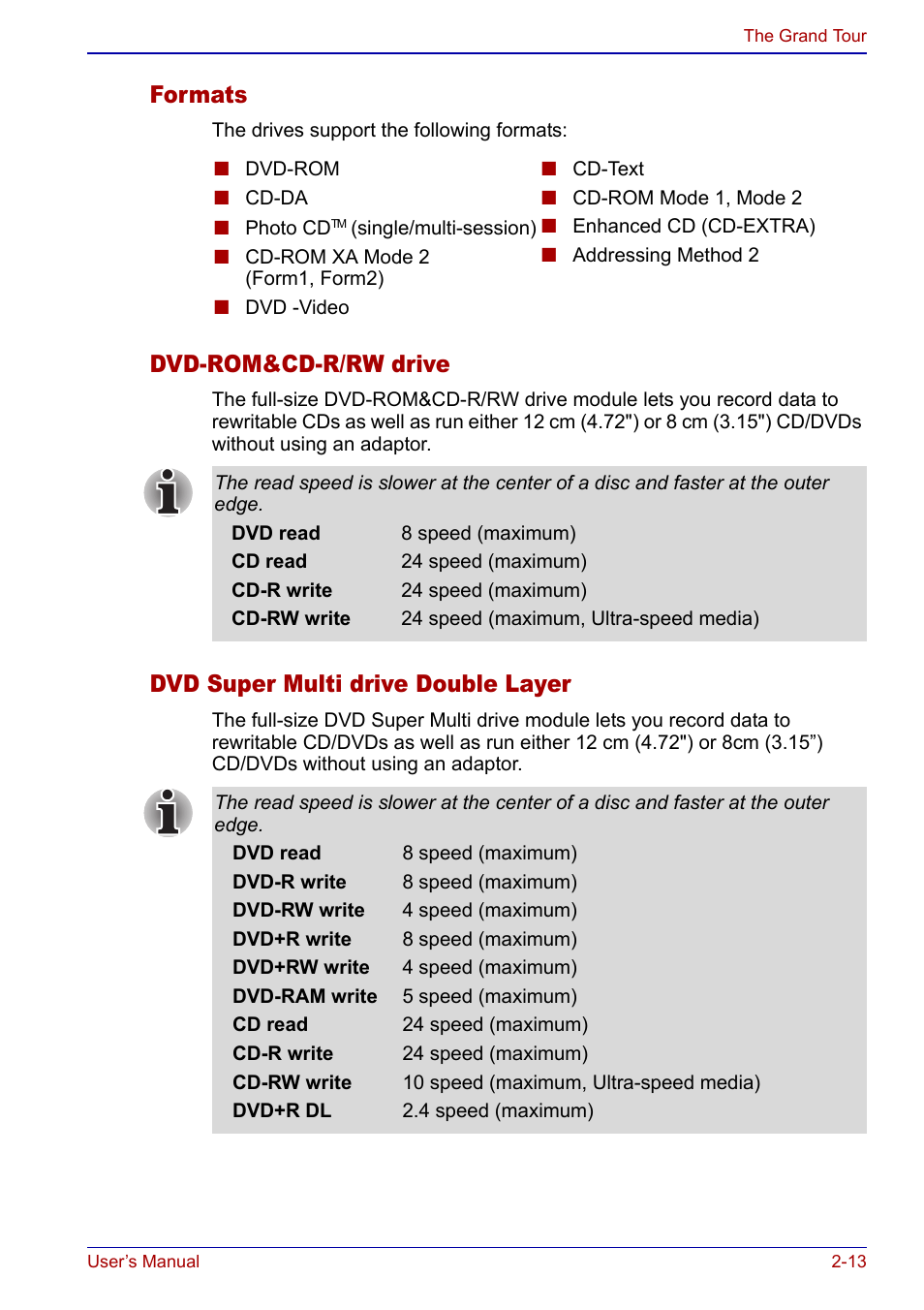Formats, Dvd-rom&cd-r/rw drive, Dvd super multi drive double layer | Toshiba Qosmio F20 (PQF22) User Manual | Page 55 / 282
