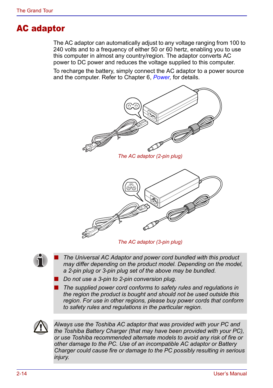 Ac adaptor, Ac adaptor -14 | Toshiba Qosmio F20 (PQF22) User Manual | Page 56 / 282