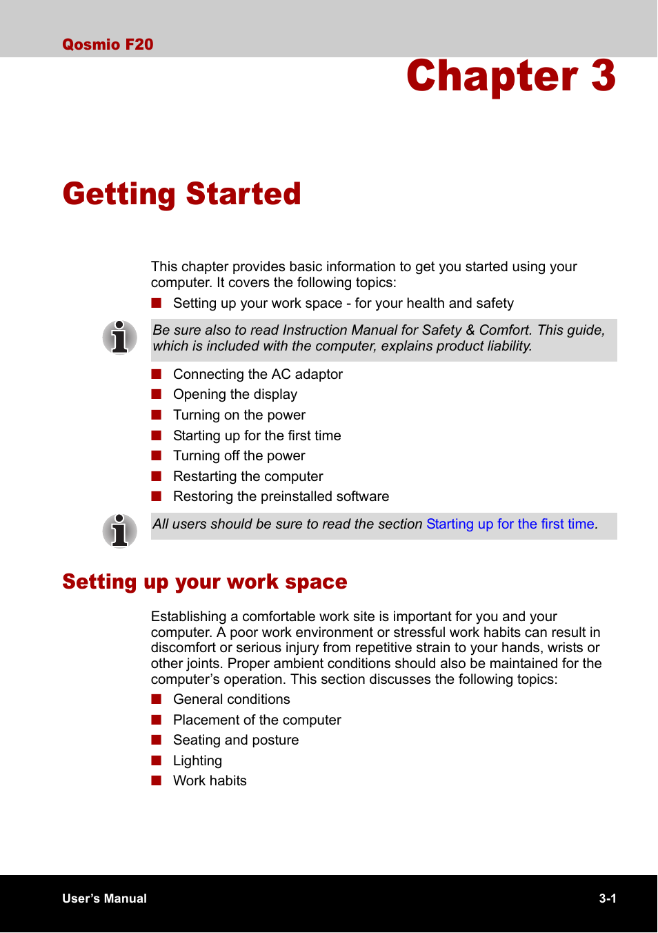 Chapter 3 - getting started, Setting up your work space, Chapter 3 | Getting started, Setting up your work space -1 | Toshiba Qosmio F20 (PQF22) User Manual | Page 57 / 282