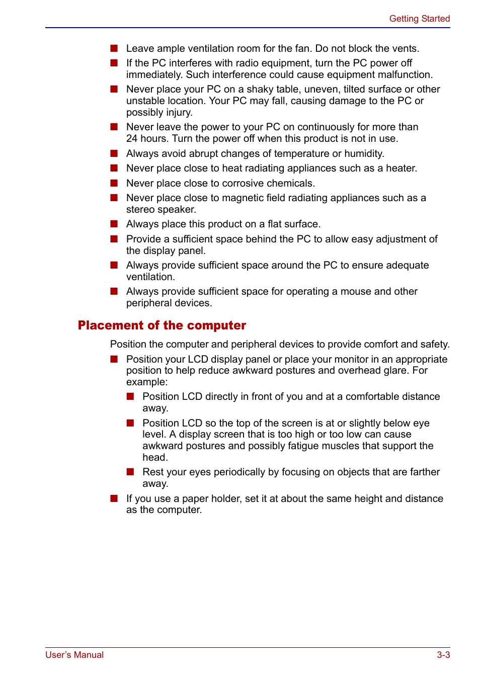 Placement of the computer | Toshiba Qosmio F20 (PQF22) User Manual | Page 59 / 282