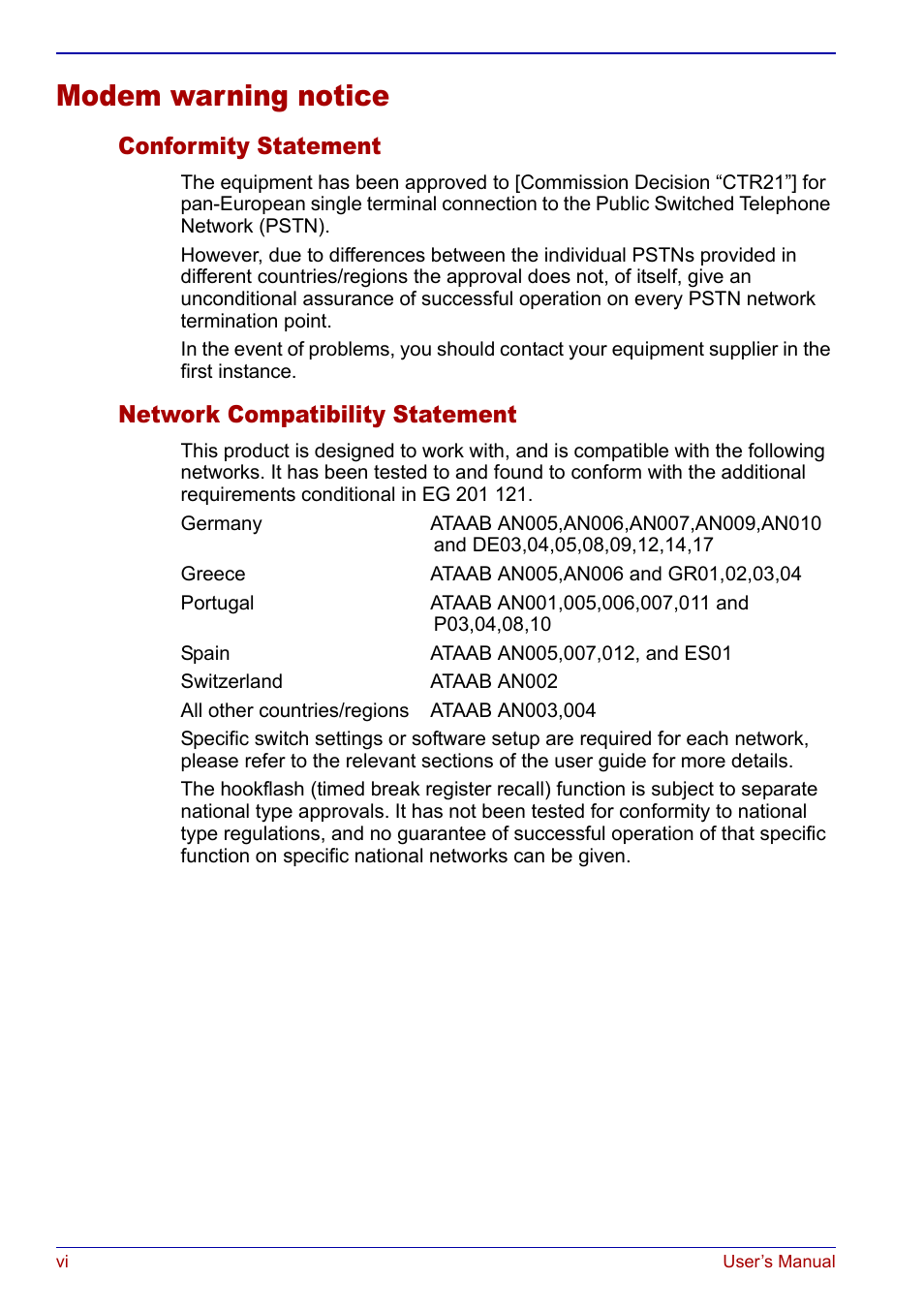 Modem warning notice, Conformity statement, Network compatibility statement | Toshiba Qosmio F20 (PQF22) User Manual | Page 6 / 282