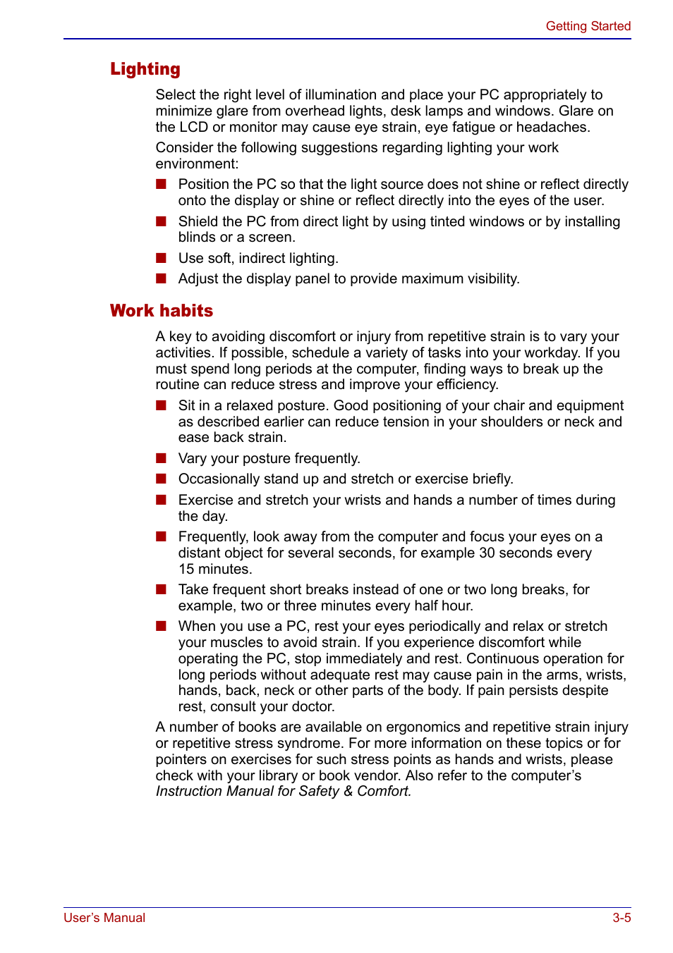Lighting, Work habits | Toshiba Qosmio F20 (PQF22) User Manual | Page 61 / 282