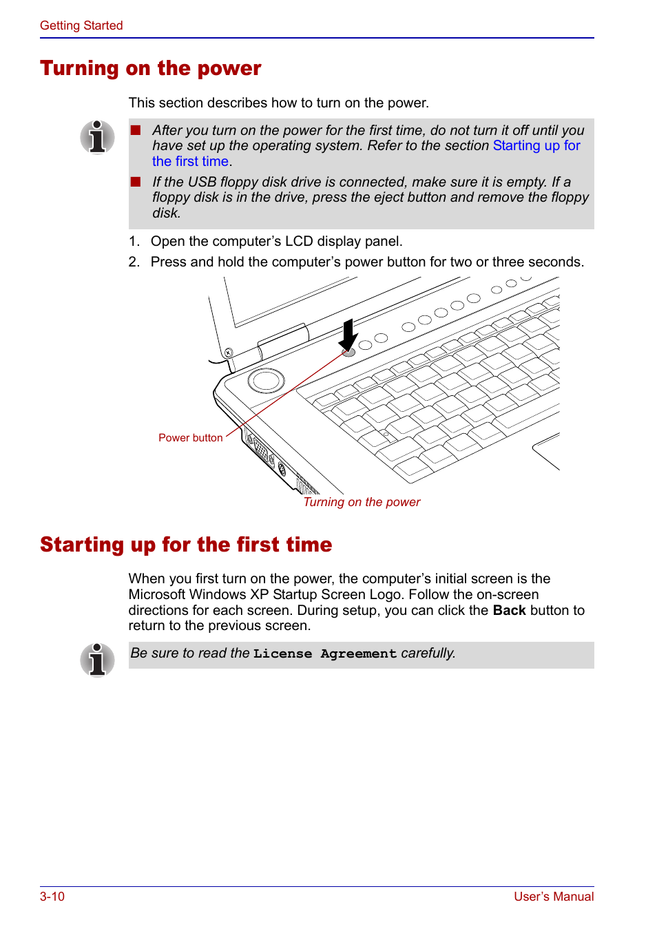 Turning on the power, Starting up for the first time | Toshiba Qosmio F20 (PQF22) User Manual | Page 66 / 282