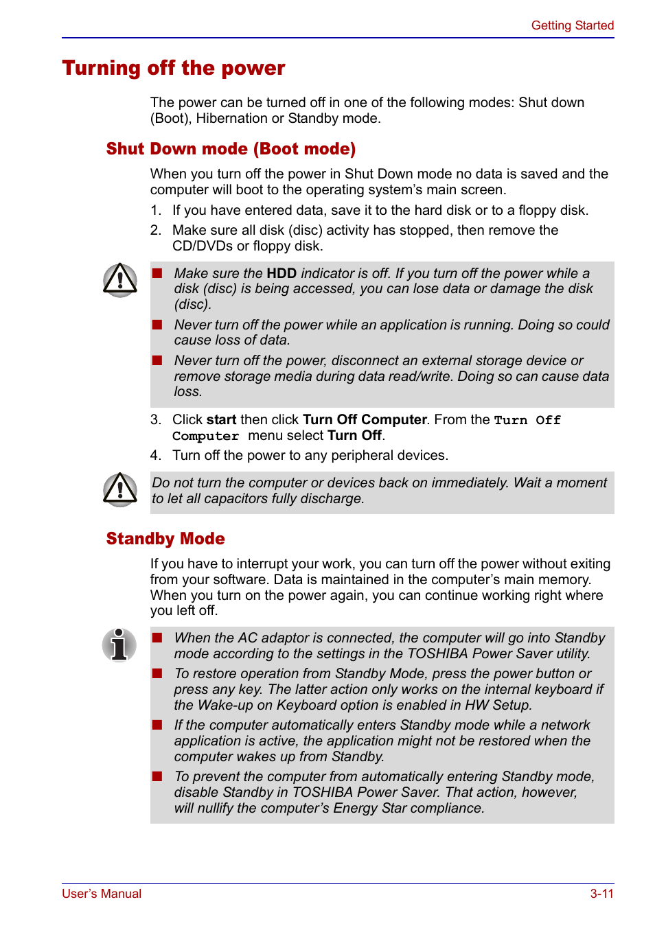Turning off the power, Turning off the power -11, Shut down mode (boot mode) | Standby mode | Toshiba Qosmio F20 (PQF22) User Manual | Page 67 / 282