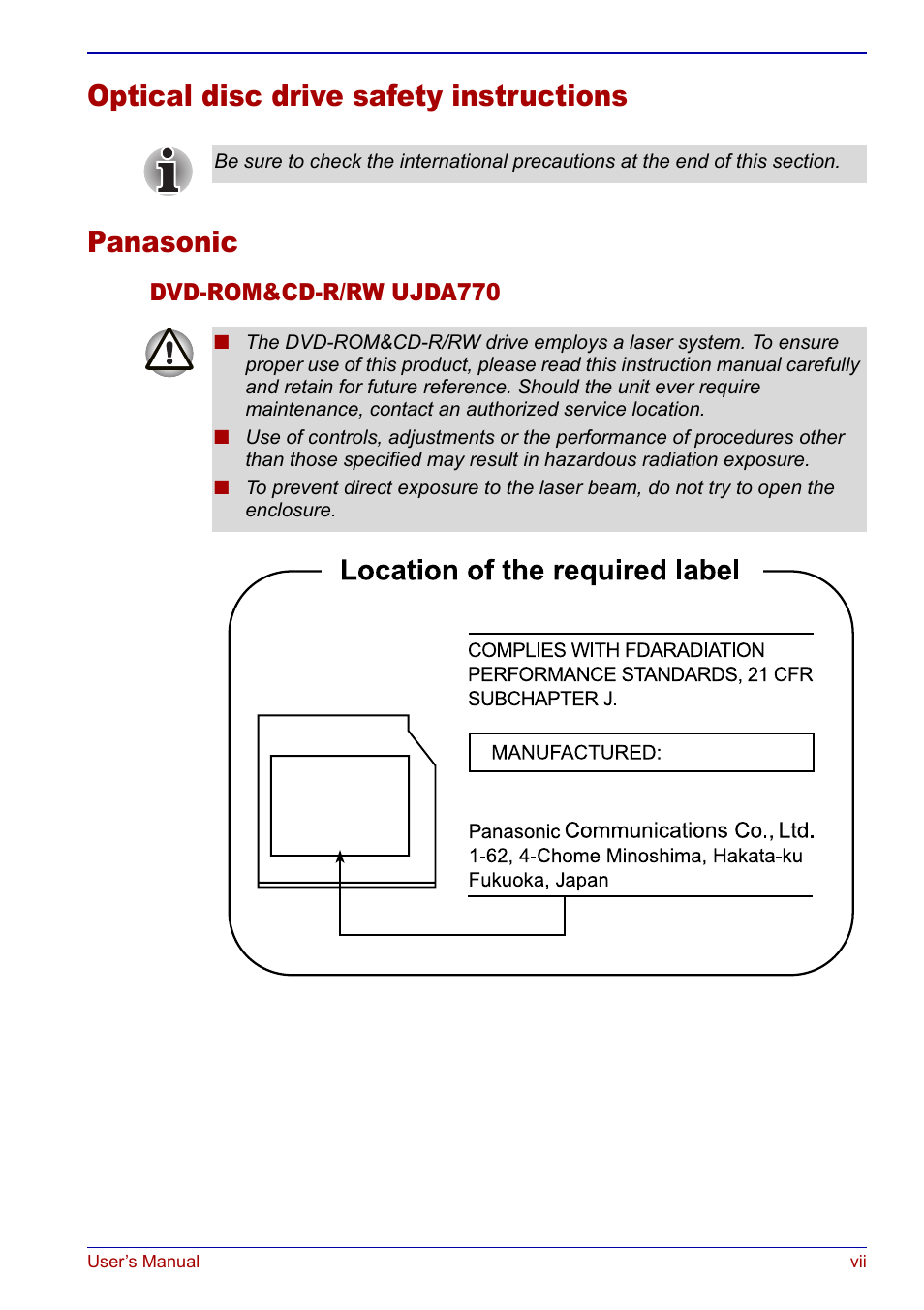 Optical disc drive safety instructions panasonic | Toshiba Qosmio F20 (PQF22) User Manual | Page 7 / 282