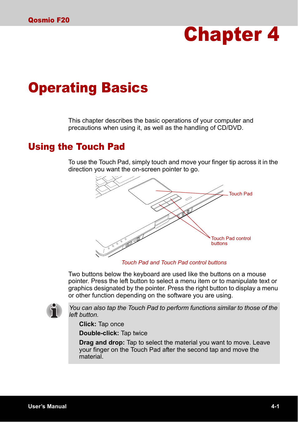 Chapter 4 - operating basics, Using the touch pad, Chapter 4 | Operating basics, Using the touch pad -1 | Toshiba Qosmio F20 (PQF22) User Manual | Page 73 / 282
