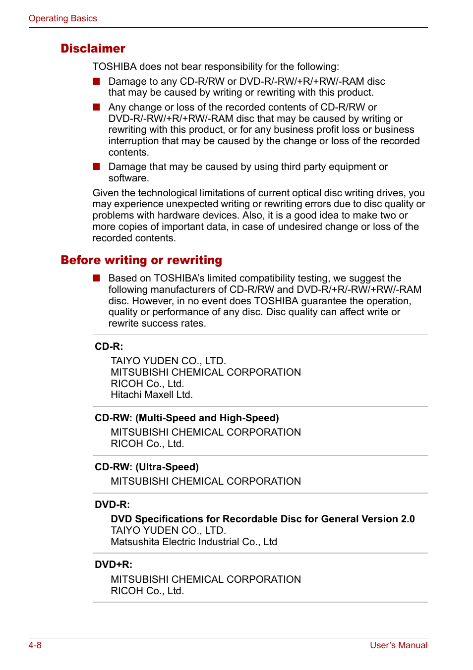 Disclaimer, Before writing or rewriting | Toshiba Qosmio F20 (PQF22) User Manual | Page 80 / 282
