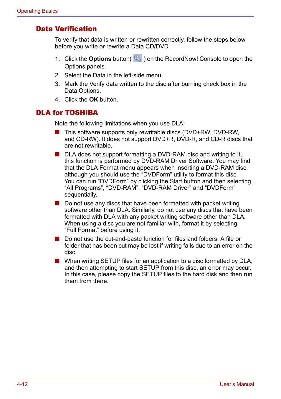 Data verification, Dla for toshiba | Toshiba Qosmio F20 (PQF22) User Manual | Page 84 / 282
