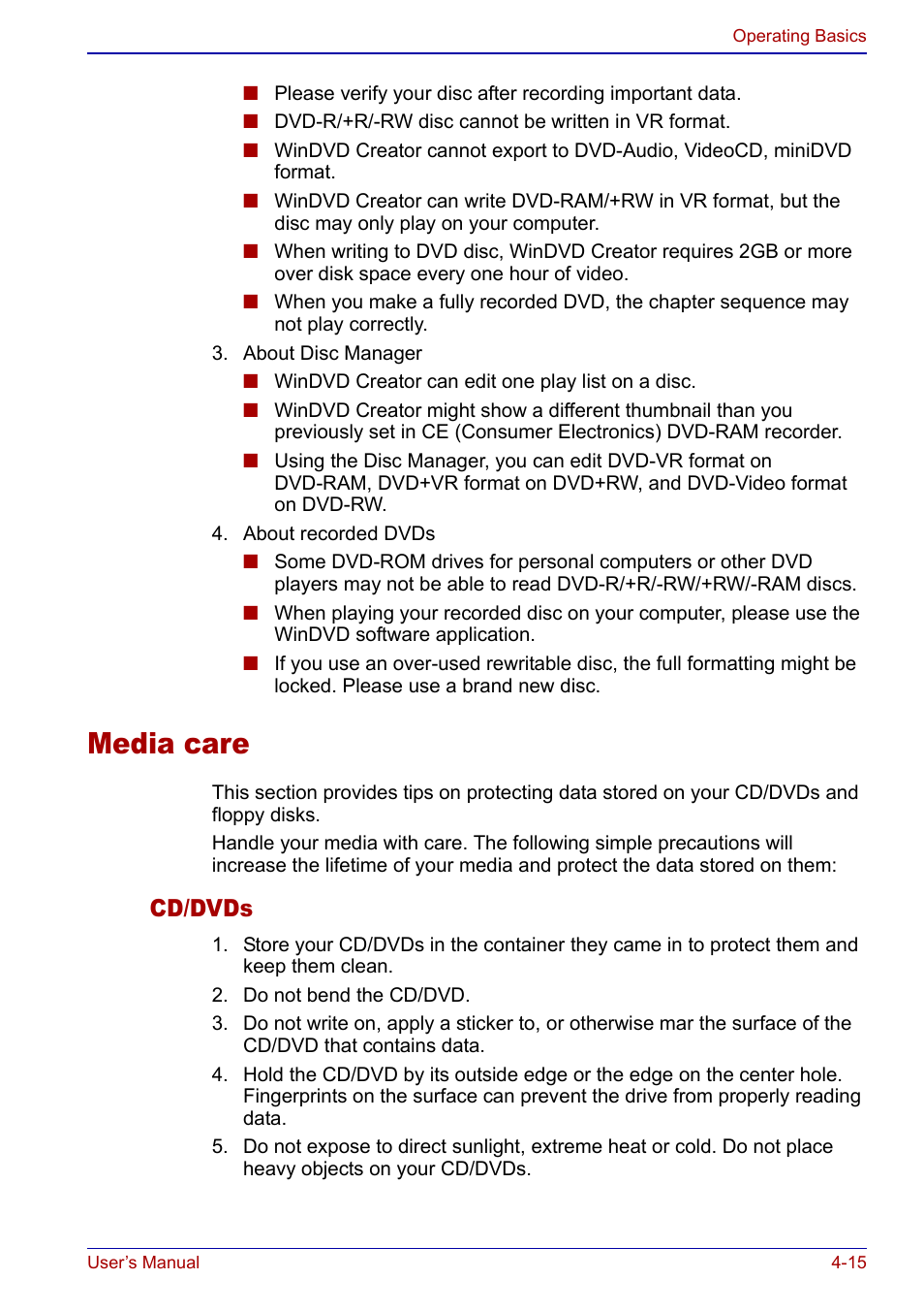 Media care, Media care -15, Cd/dvds | Toshiba Qosmio F20 (PQF22) User Manual | Page 87 / 282