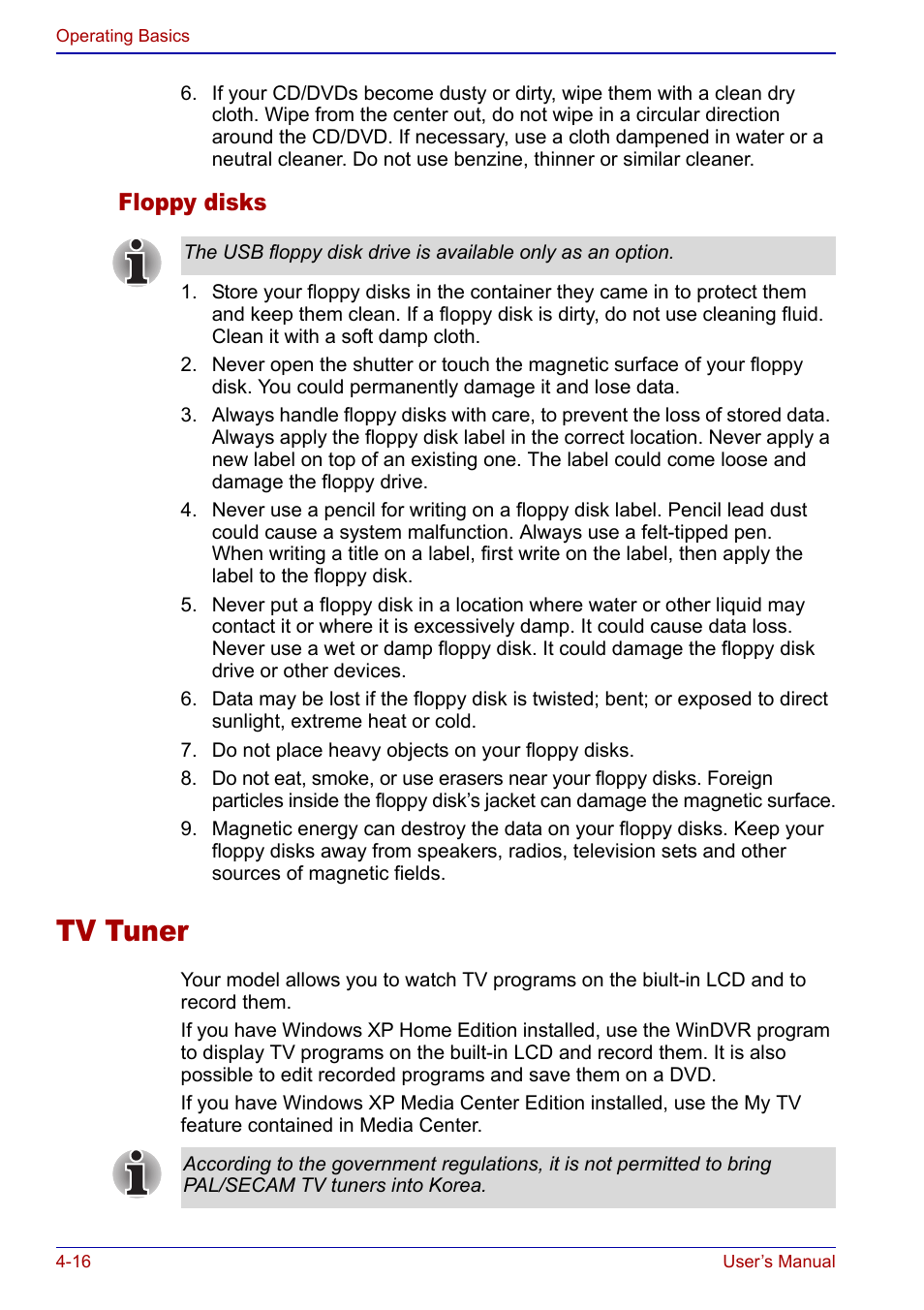 Tv tuner, Tv tuner -16, Floppy disks | Toshiba Qosmio F20 (PQF22) User Manual | Page 88 / 282