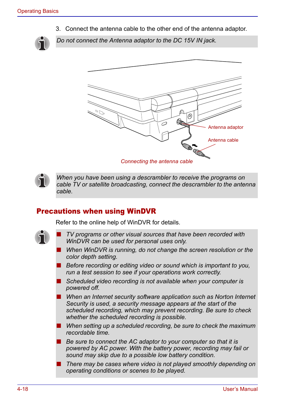 Precautions when using windvr | Toshiba Qosmio F20 (PQF22) User Manual | Page 90 / 282