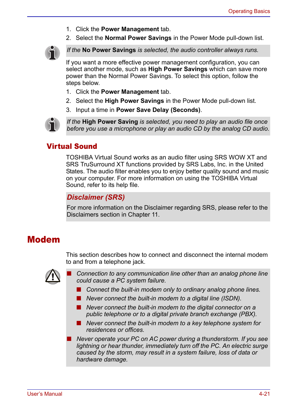 Modem, Modem -21, Virtual sound | Toshiba Qosmio F20 (PQF22) User Manual | Page 93 / 282