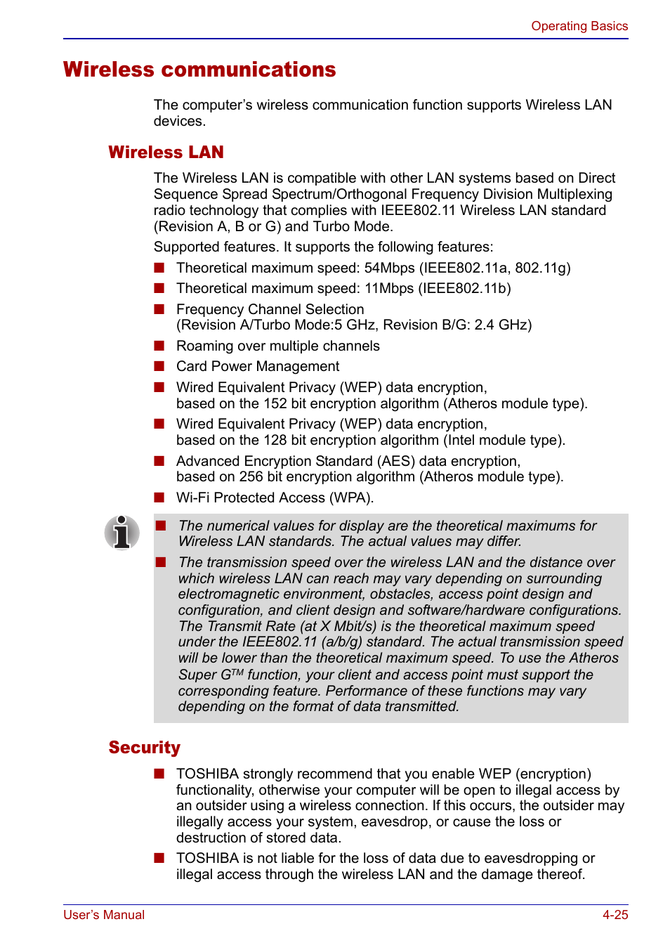 Wireless communications, Wireless communications -25, Wireless lan | Security | Toshiba Qosmio F20 (PQF22) User Manual | Page 97 / 282
