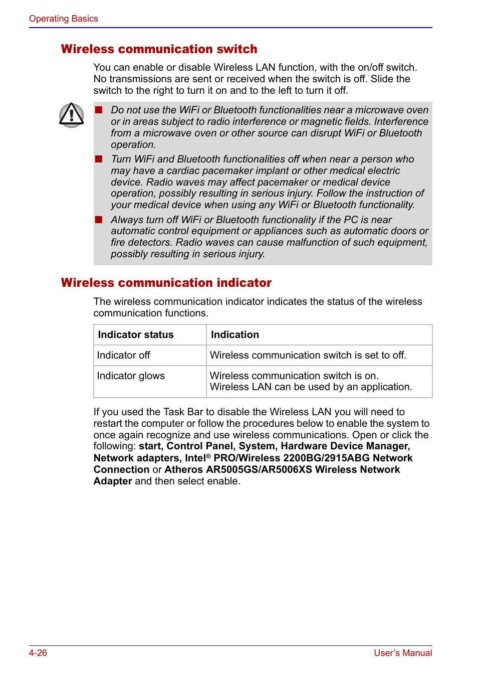 Wireless communication switch, Wireless communication indicator | Toshiba Qosmio F20 (PQF22) User Manual | Page 98 / 282