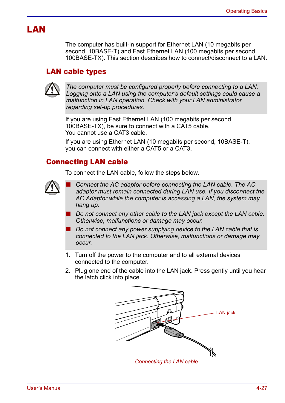 Lan -27, Lan cable types, Connecting lan cable | Toshiba Qosmio F20 (PQF22) User Manual | Page 99 / 282