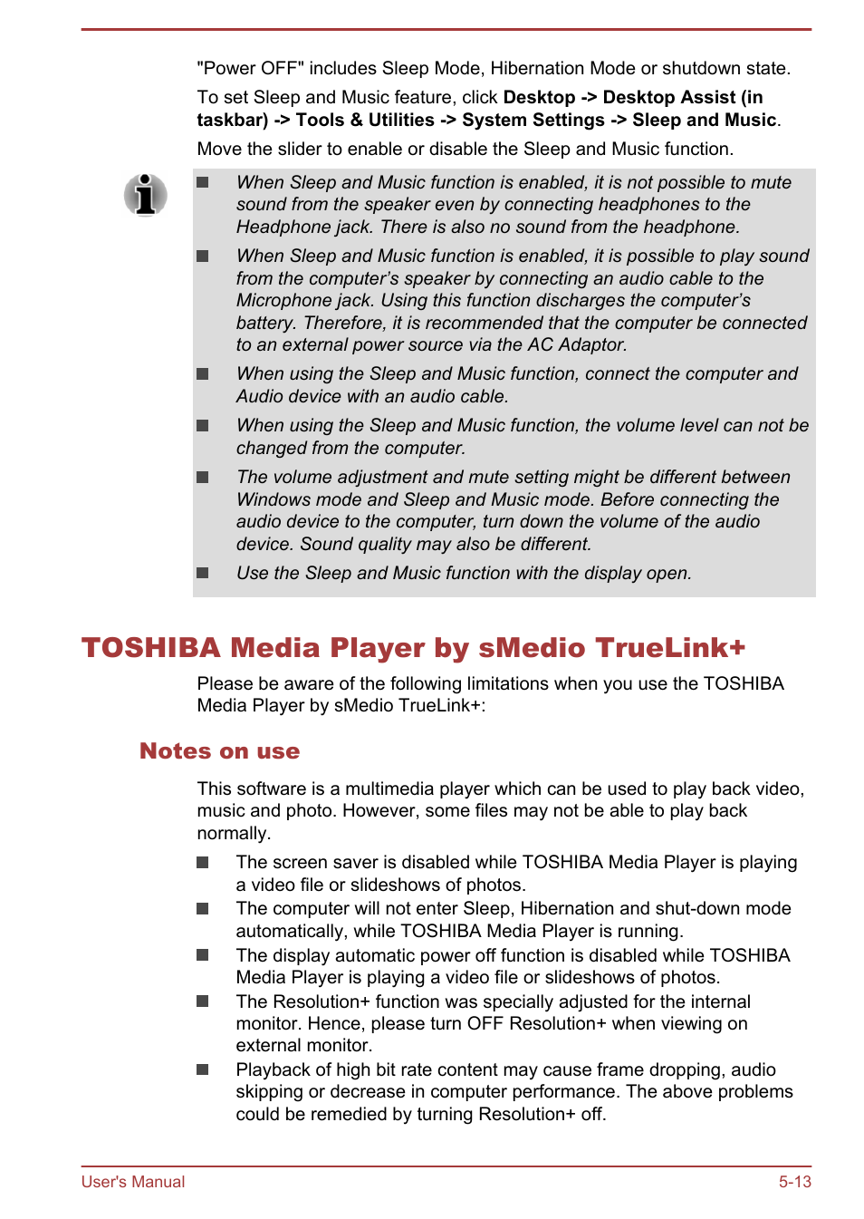 Toshiba media player by smedio truelink, Notes on use, Toshiba media player by smedio truelink+ -13 | Toshiba PX30t-C User Manual | Page 101 / 142