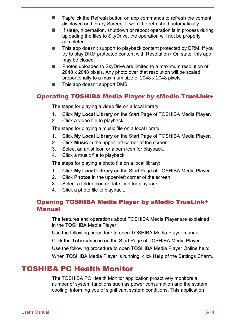 Operating toshiba media player by smedio truelink, Toshiba pc health monitor, Toshiba pc health monitor -14 | Toshiba PX30t-C User Manual | Page 102 / 142