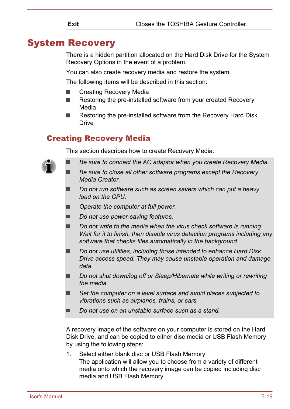 System recovery, Creating recovery media, System recovery -19 | Toshiba PX30t-C User Manual | Page 107 / 142