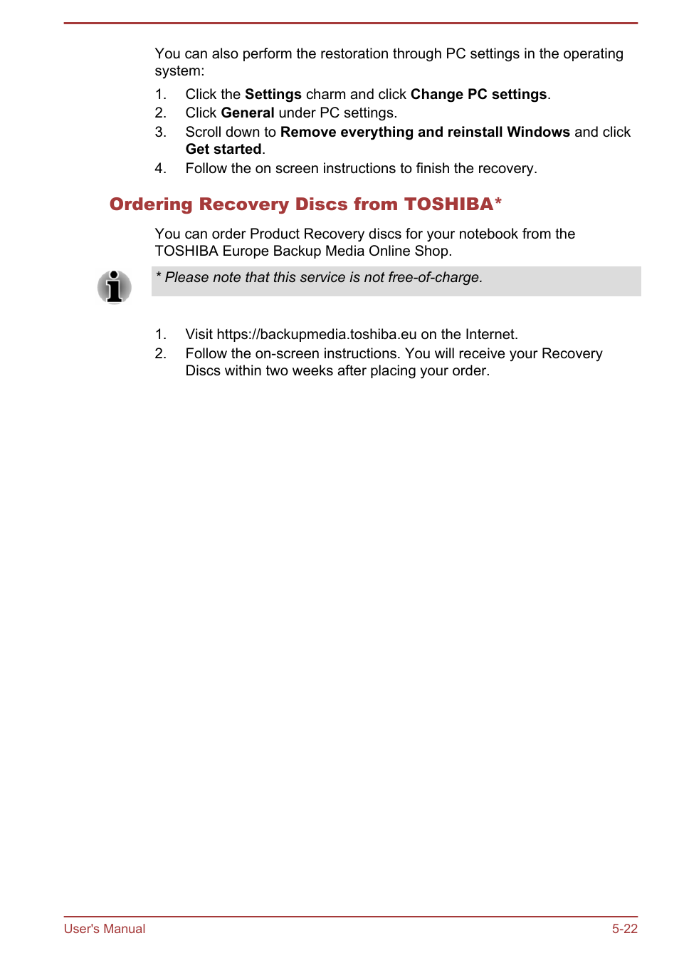Ordering recovery discs from toshiba | Toshiba PX30t-C User Manual | Page 110 / 142