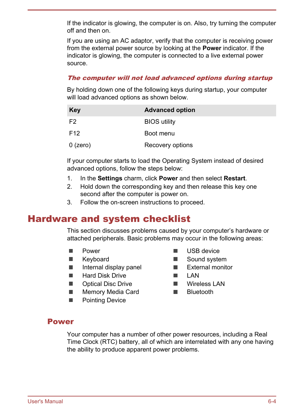 Hardware and system checklist, Power, Hardware and system checklist -4 | Toshiba PX30t-C User Manual | Page 114 / 142