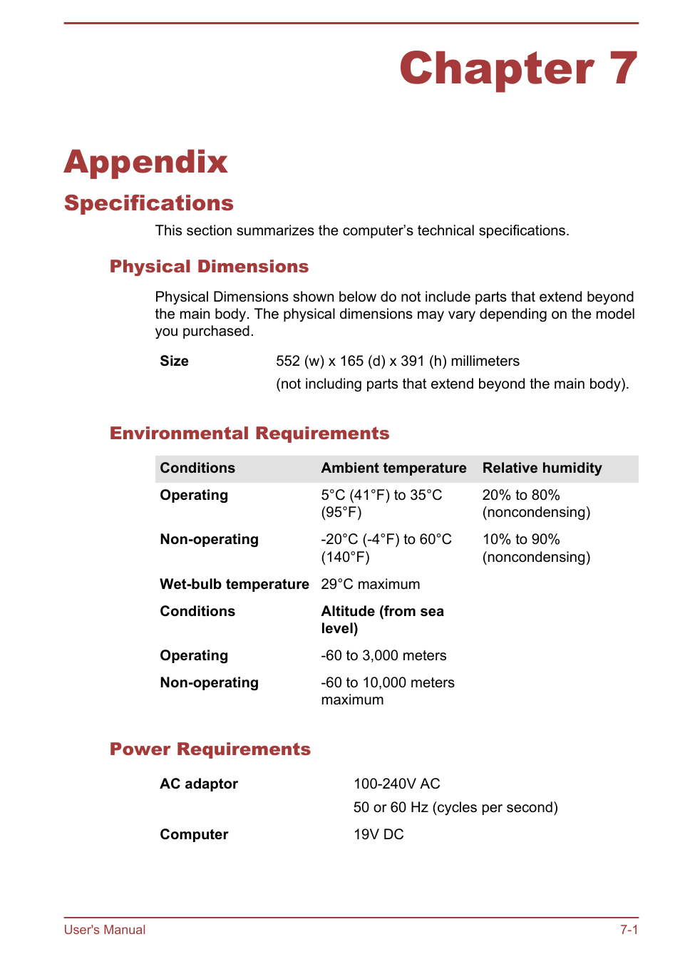 Chapter 7 appendix, Specifications, Physical dimensions | Environmental requirements, Power requirements, Chapter 7, Appendix, Specifications -1 | Toshiba PX30t-C User Manual | Page 125 / 142