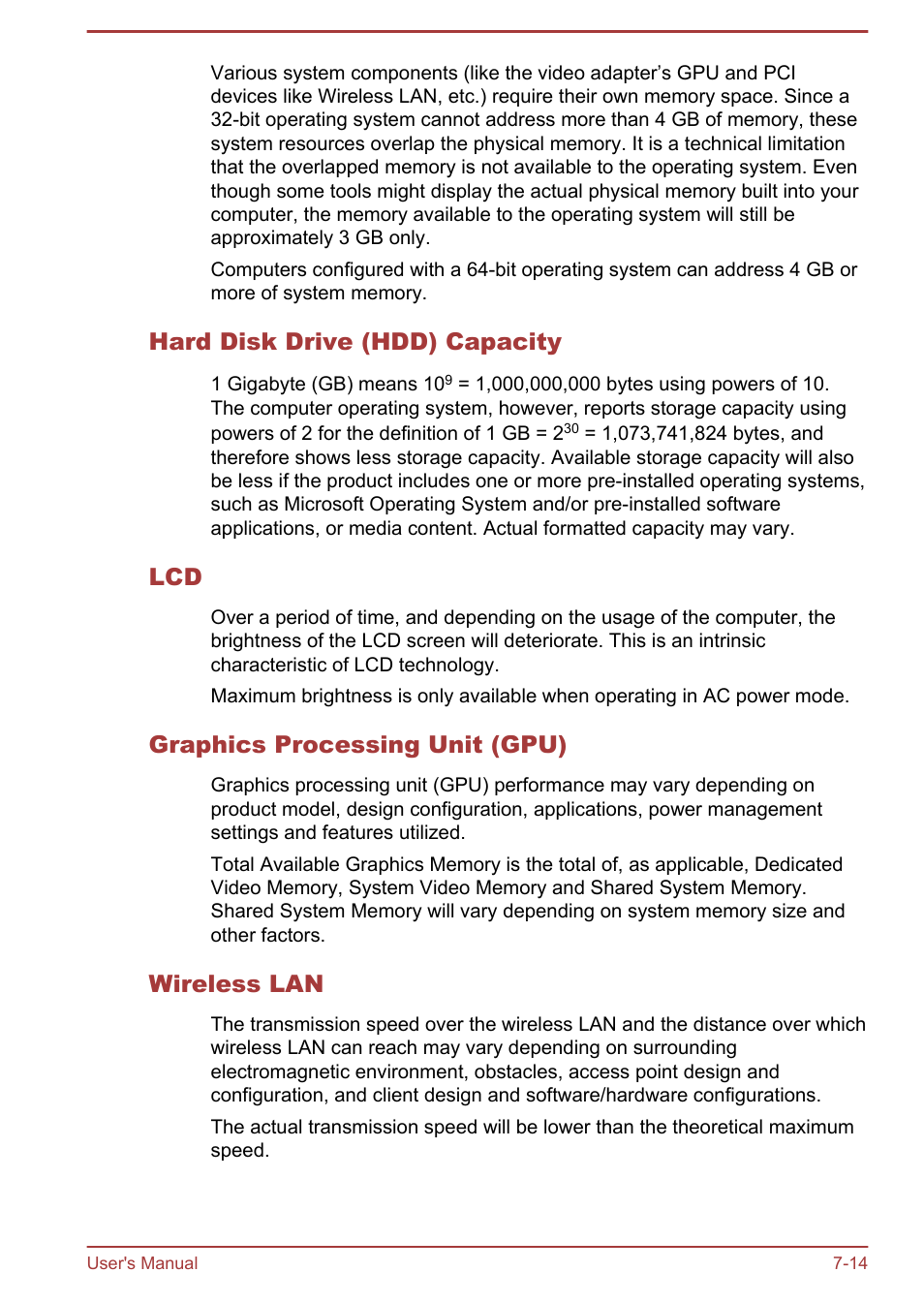 Hard disk drive (hdd) capacity, Graphics processing unit (gpu), Wireless lan | Toshiba PX30t-C User Manual | Page 138 / 142