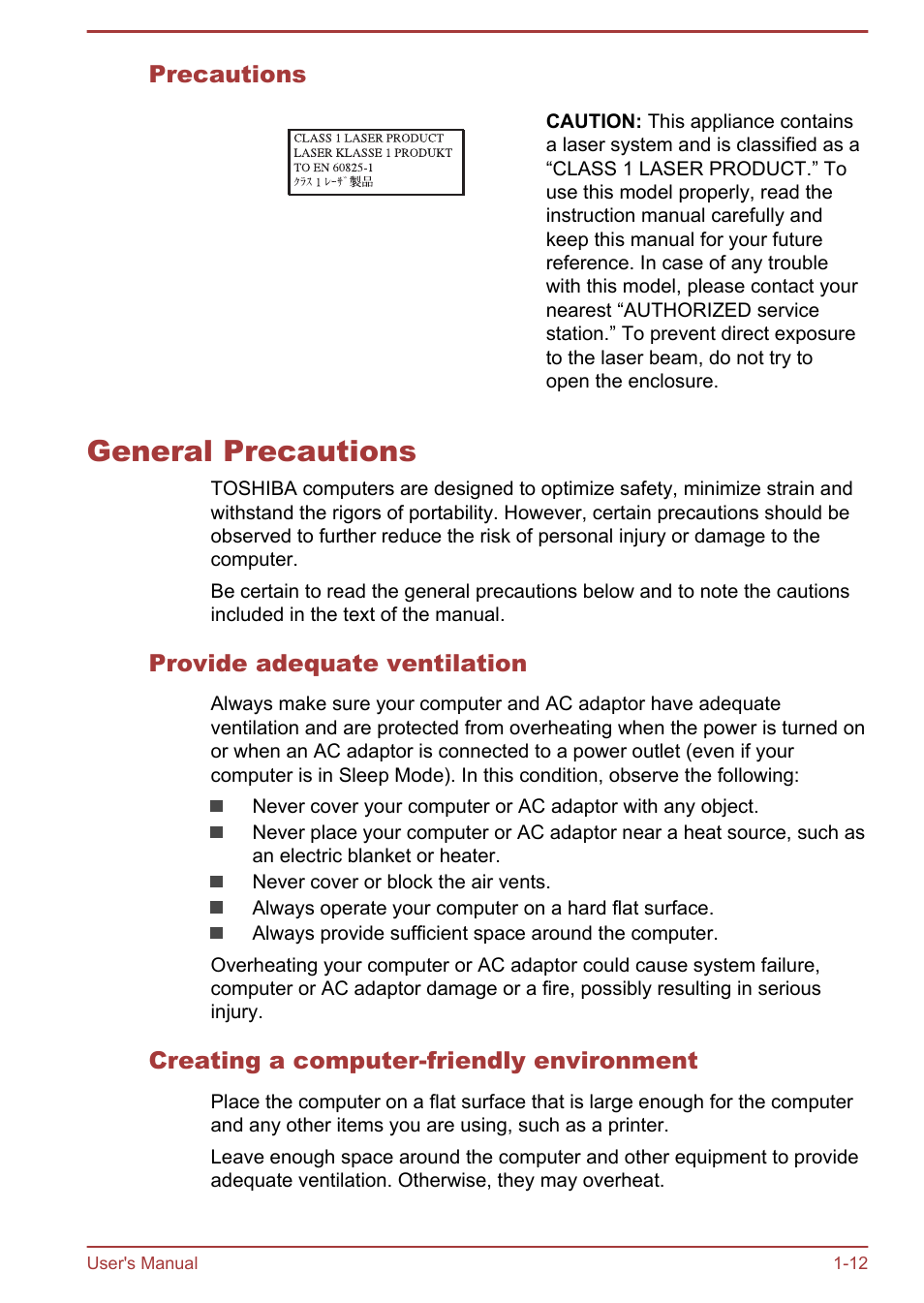 Precautions, General precautions, Provide adequate ventilation | Creating a computer-friendly environment, General precautions -12 | Toshiba PX30t-C User Manual | Page 15 / 142