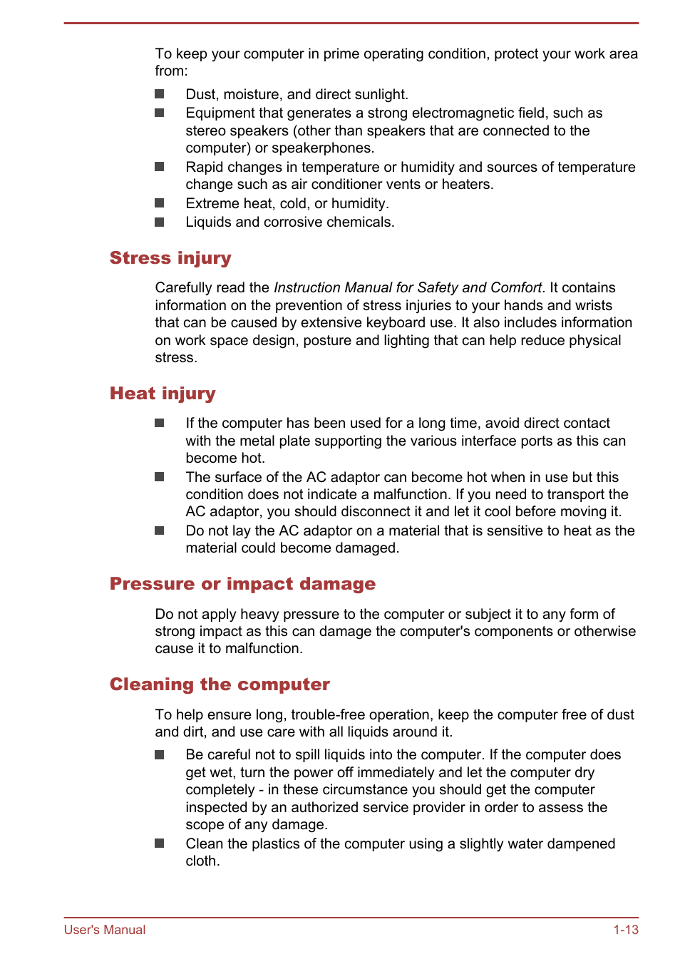 Stress injury, Heat injury, Pressure or impact damage | Cleaning the computer | Toshiba PX30t-C User Manual | Page 16 / 142