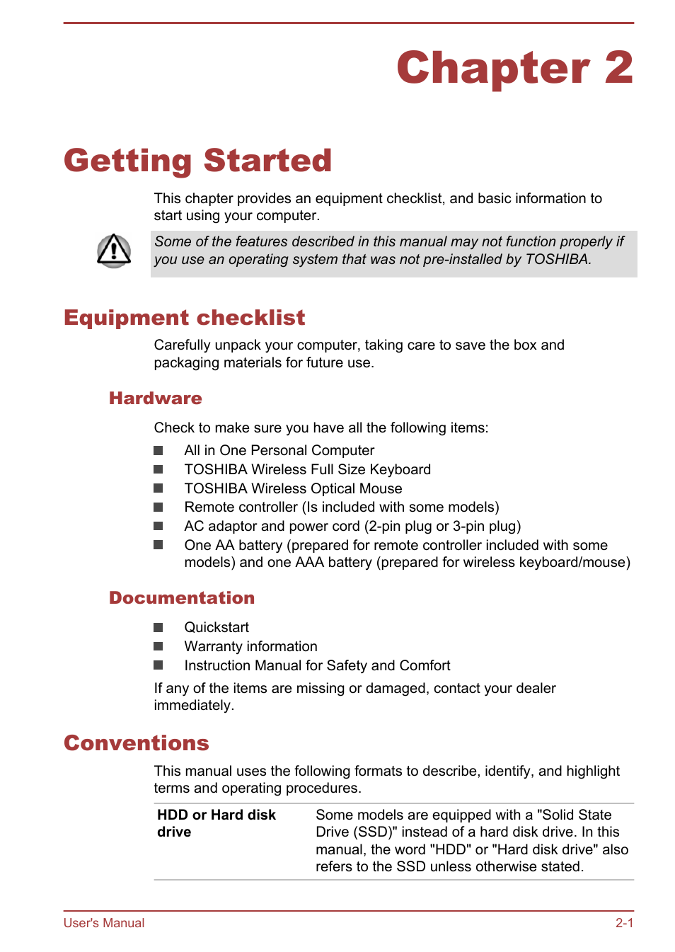 Chapter 2 getting started, Equipment checklist, Hardware | Documentation, Conventions, Chapter 2, Getting started, Equipment checklist -1 conventions -1 | Toshiba PX30t-C User Manual | Page 19 / 142