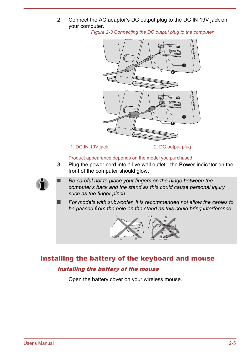 Installing the battery of the keyboard and mouse, Installing the battery of the mouse | Toshiba PX30t-C User Manual | Page 23 / 142