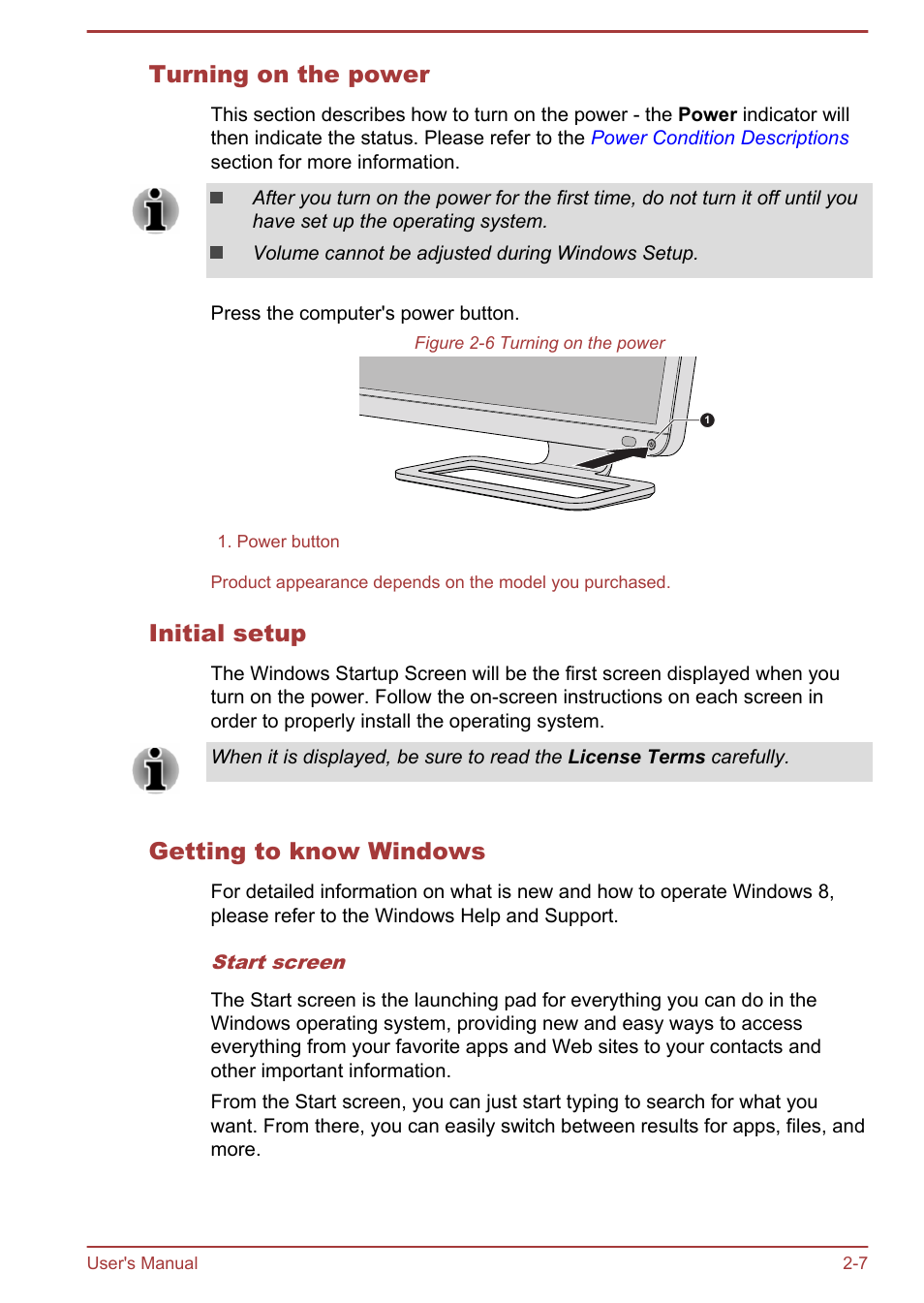 Turning on the power, Initial setup, Getting to know windows | Toshiba PX30t-C User Manual | Page 25 / 142